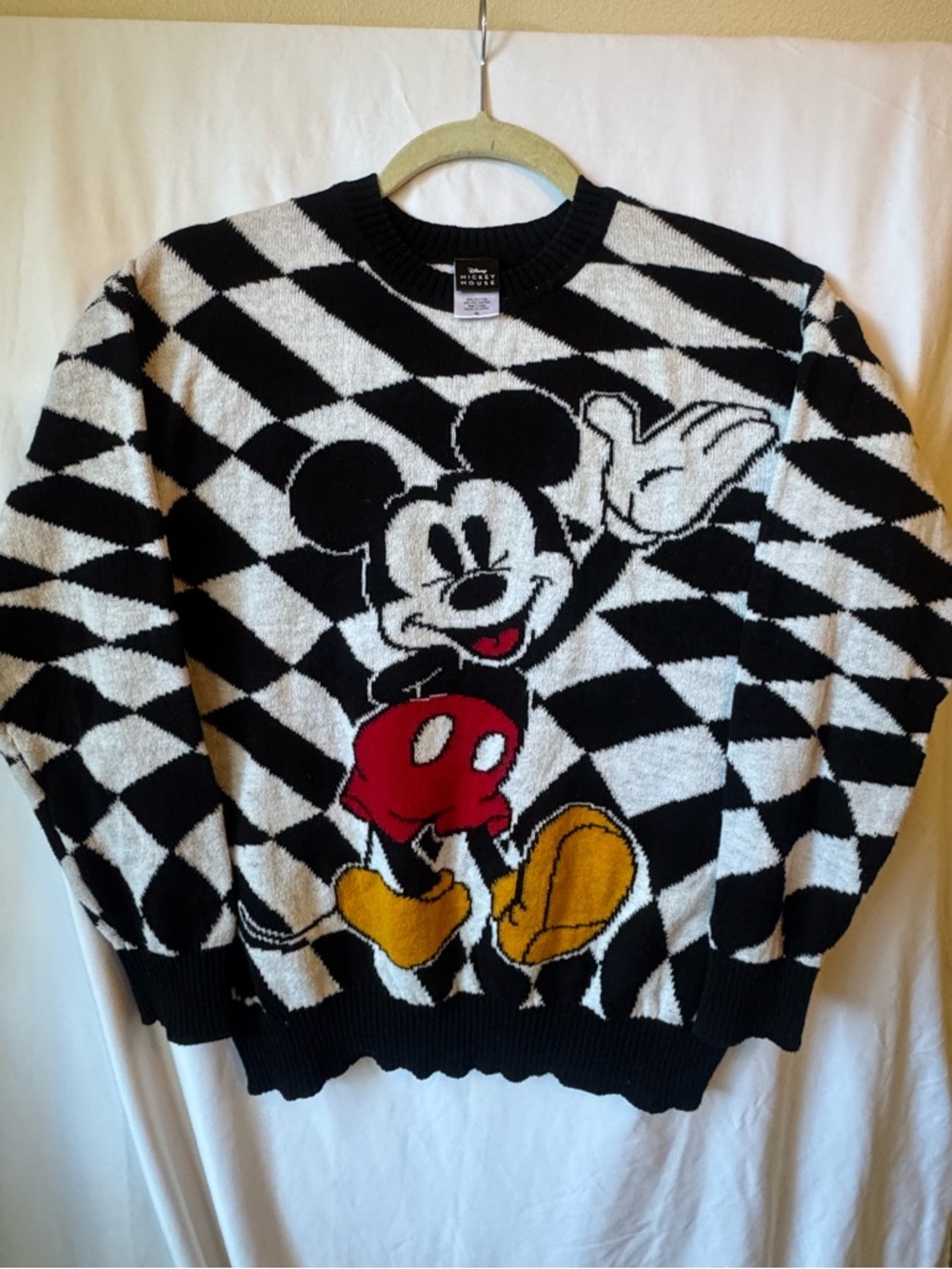 Disney Black & White Mickey Crewneck Sweater with Red and Yellow Accents